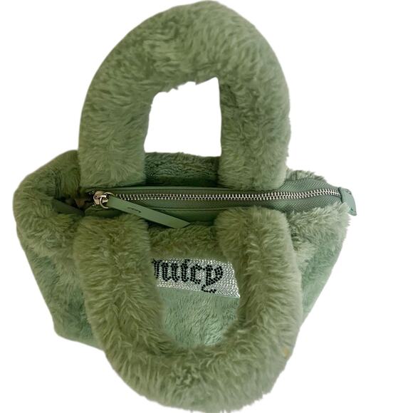 Juicy Couture Mini Tote Bag Sage Green Faux Fur Rhinestone Logo Top Handle - Picture 3 of 8